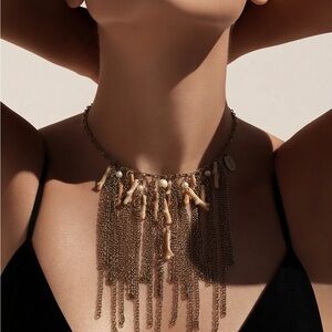 Boho Fringe Necklace Gold Chain Shell Coral Statement Costal Beach Jewelry